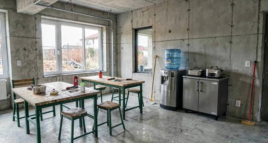 Área de refeição de canteiro de obras com mesas, bebedouro e local para aquecimento de comida — NR-24