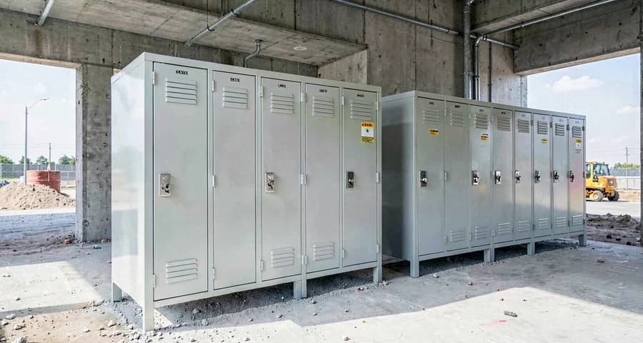Instalações sanitárias e vestiário organizados em canteiro de obras, com armários individuais — NR-24