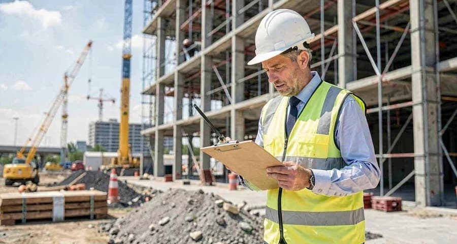 Auditor fiscal do trabalho com prancheta analisando condições de segurança em canteiro de obras — NR-3