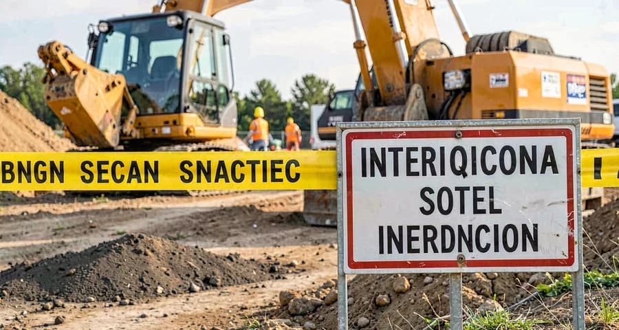 Fita de isolamento e placa de interdição em frente a equipamento parado em canteiro de obras — NR-3