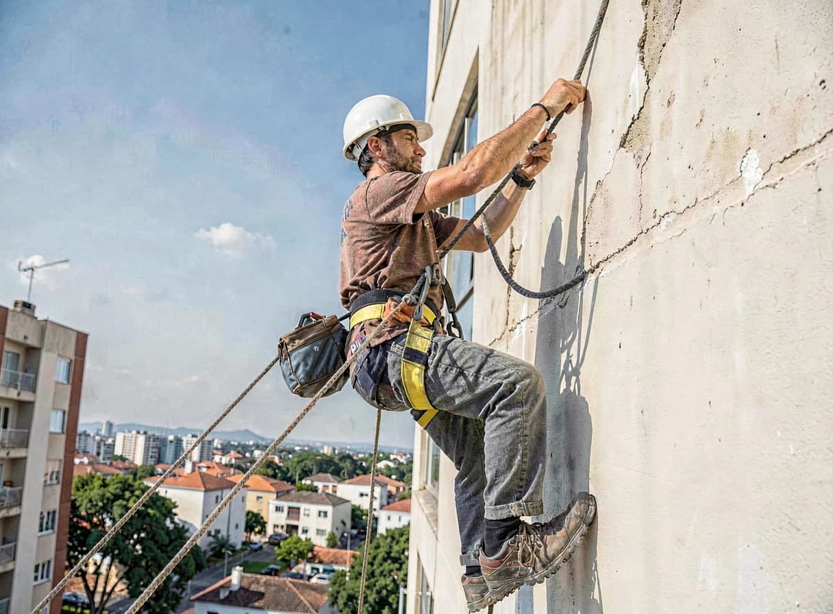 Trabalhador realizando acesso por corda em fachada de edifício, com cinto de segurança tipo paraquedista conectado ao sistema — NR-35
