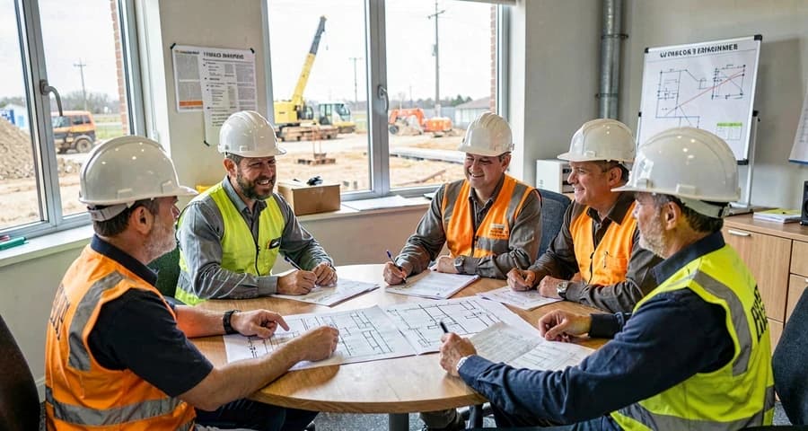 Equipe técnica de segurança do trabalho reunida analisando documentos e planta de obra em escritório de canteiro — NR-4