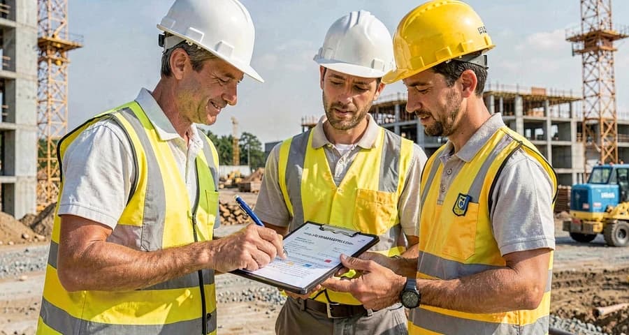 Engenheiro de segurança do trabalho e técnico de segurança revisando plano de gerenciamento de riscos em canteiro de obras — NR-4 SESMT