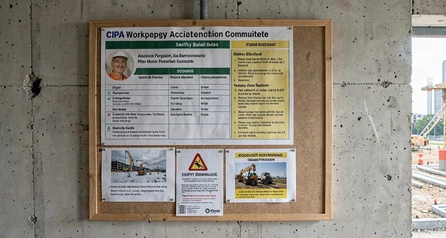 Quadro de avisos de segurança em canteiro de obras com lista de membros da CIPA — NR-5