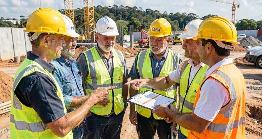 Trabalhadores da construção civil reunidos em canteiro de obras discutindo checklist de segurança — NR-5 CIPA
