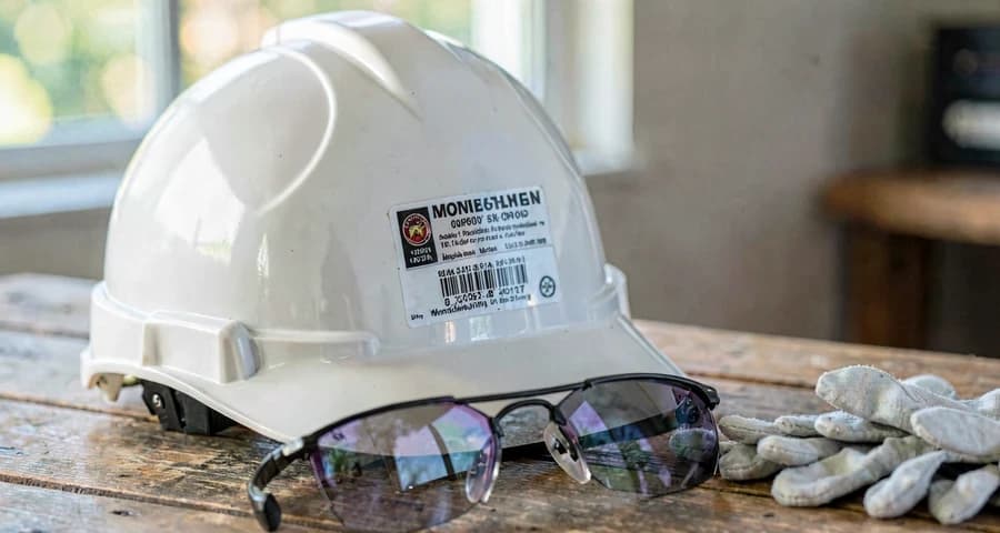 Detalhe de capacete de segurança com etiqueta do fabricante e número do Certificado de Aprovação (CA) visível — NR-6