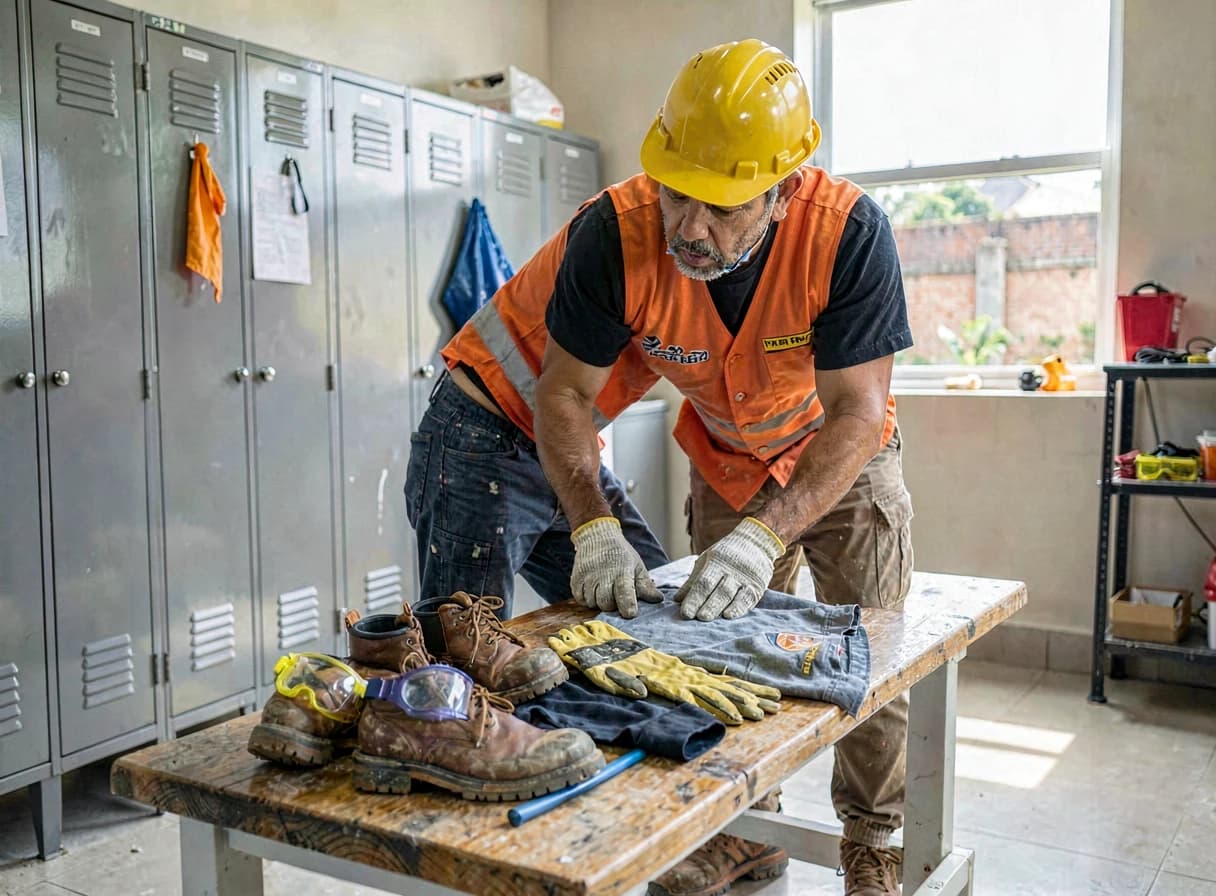 Trabalhador da construção civil colocando capacete, óculos de proteção e luvas antes de começar o trabalho — NR-6
