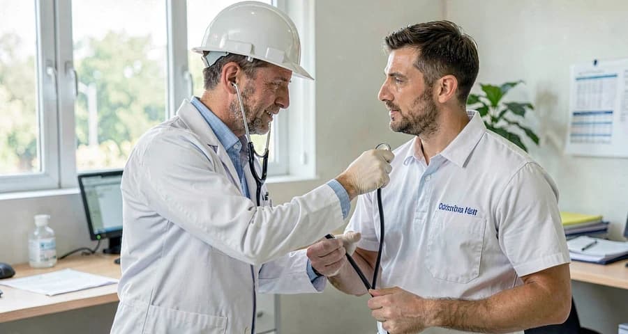 Médico do trabalho realizando exame clínico ocupacional em trabalhador da construção civil — NR-7 PCMSO