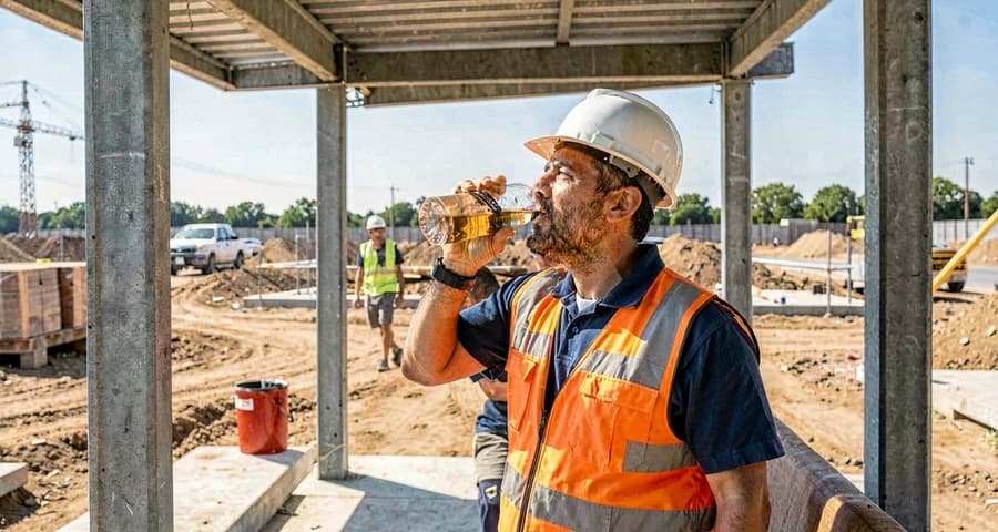 Trabalhador bebendo água numa área de sombra do canteiro de obras durante pausa — NR-9 exposição ao calor