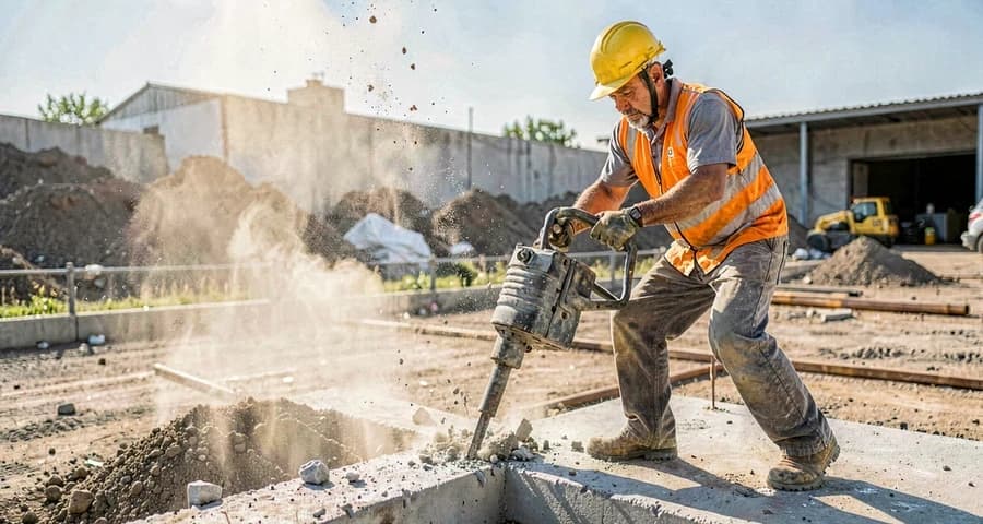Trabalhador da construção civil operando martelete pneumático em canteiro de obras sob sol forte — NR-9